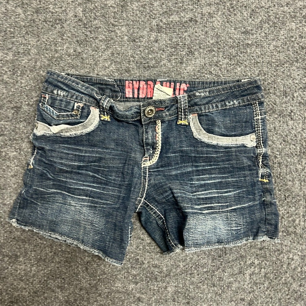 Hydraulic Shorts Womens Size 9/10 Blue Denim Y2K Embroidered Flap Pocket Frayed